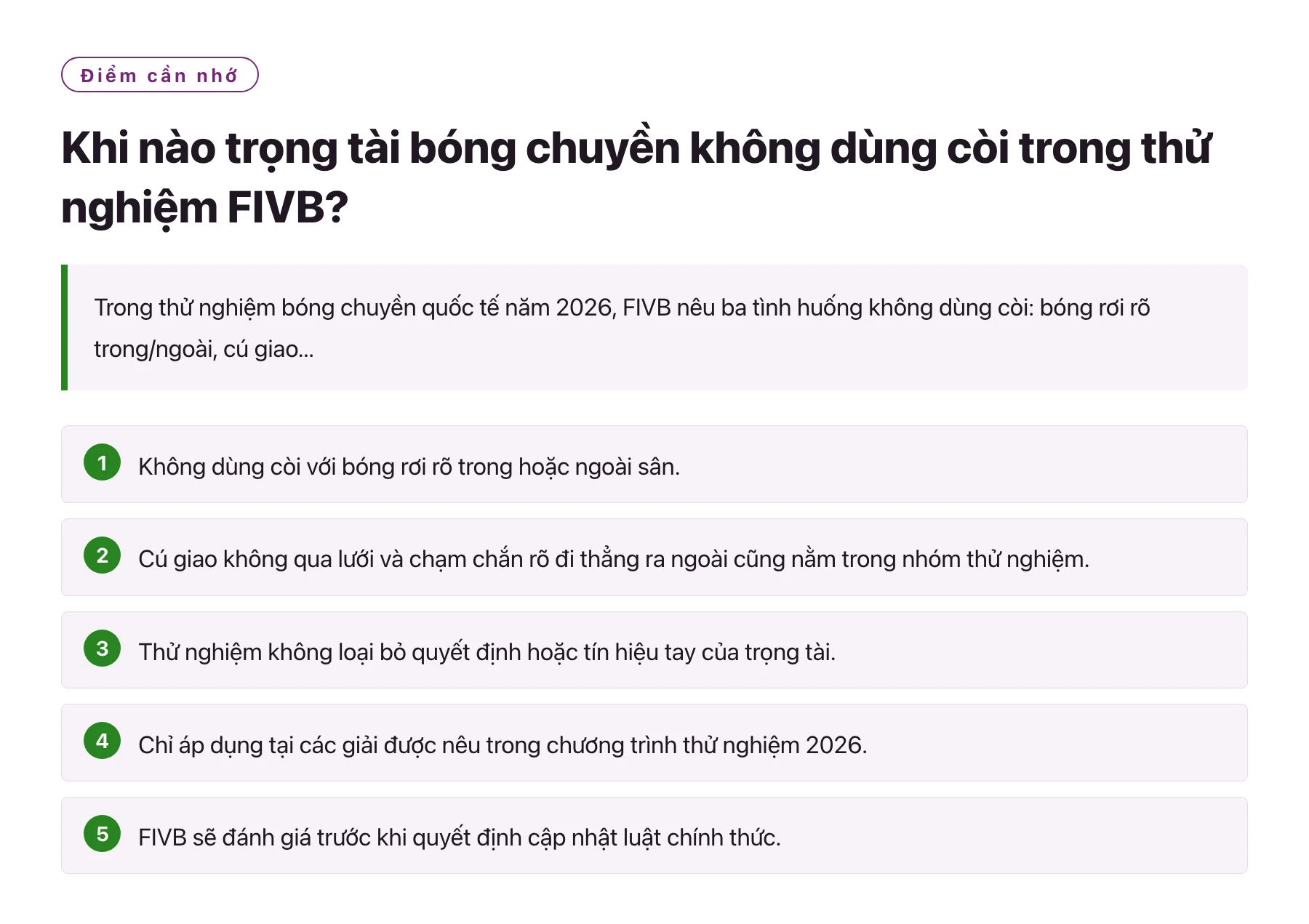 Khi nào trọng tài bóng chuyền không dùng còi trong thử nghiệm FIVB?——全文要点速览